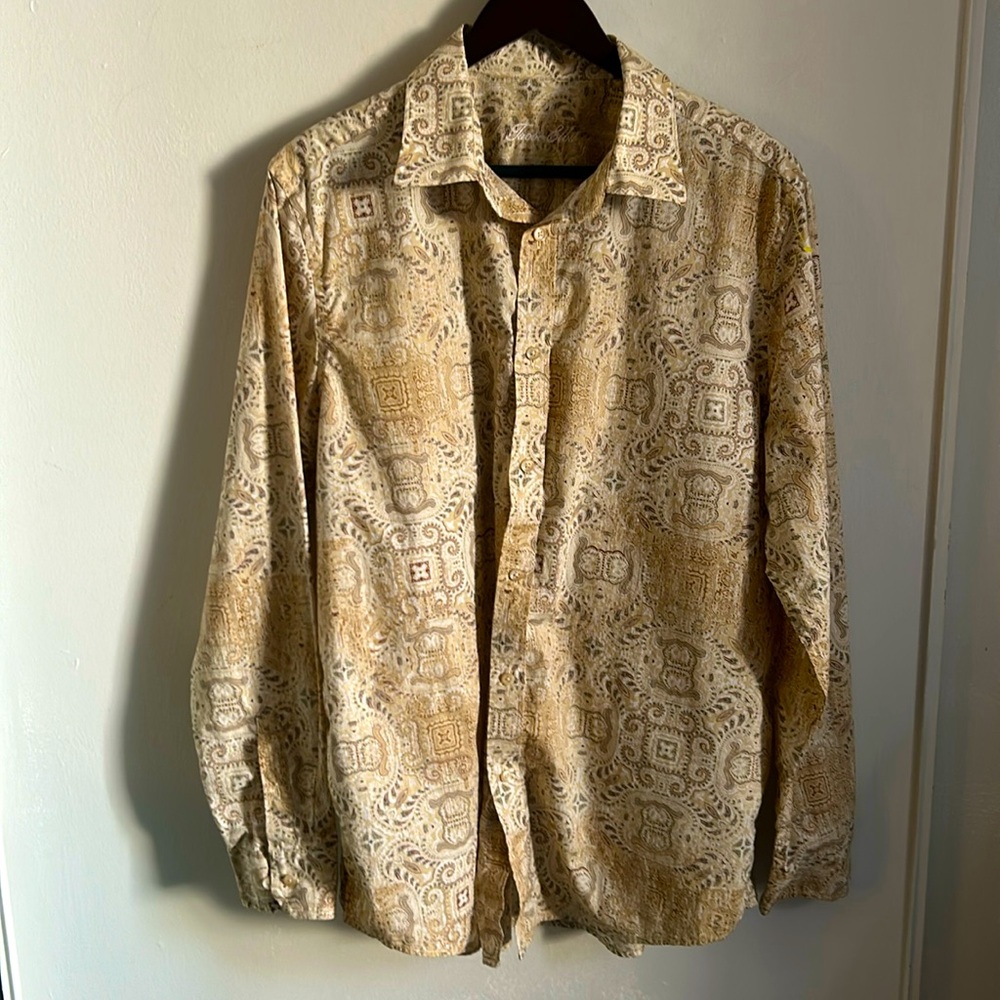 Tasso Elba Men’s Button Up Long Sleeve Retro Inspired Print Cotton Dress Shirt